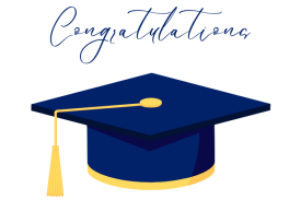 Duke Blue cursive text on a white background reading &amp;quot;Congratulations.&amp;quot; A Duke Blue graduation cap with a gold rim and tassel.